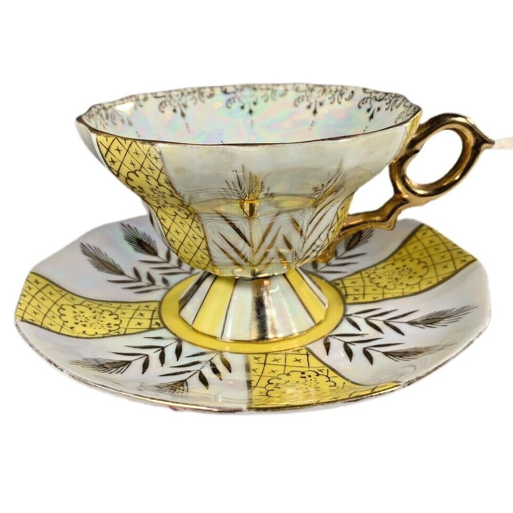 Vtg Lusterware Tea Cup Saucer Set Japan Footed Folded Gold Wheat Rare